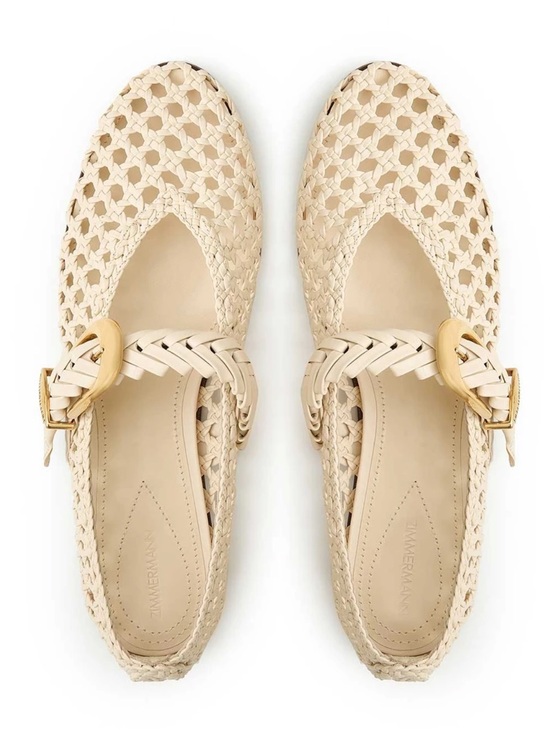 Zimmermann Shoes - Zimmermann Cream Woven Mary Jane Flats with Gold Buckle